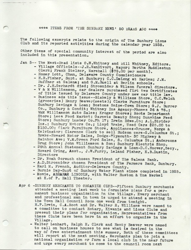 The Sunbury and Galena Communities and how they were in 1938 when Sunbury Lions Club Originated (p. 10)