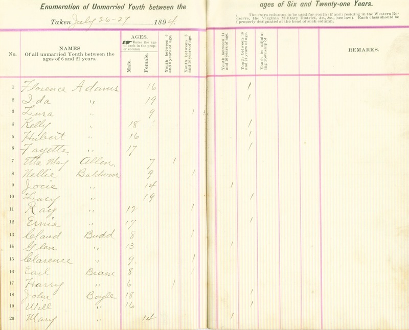 Harlem Township Enumeration of Youth Sub-District 1, July 27th, 1894 (p. 4)