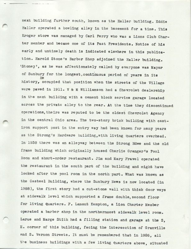 The Sunbury and Galena Communities and how they were in 1938 when Sunbury Lions Club Originated (p. 4)