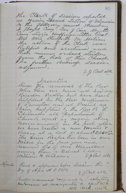 Sessional Records of the 1st Presbyterian Church of Trenton Delaware County Ohio 1873-1937 (p. 85)