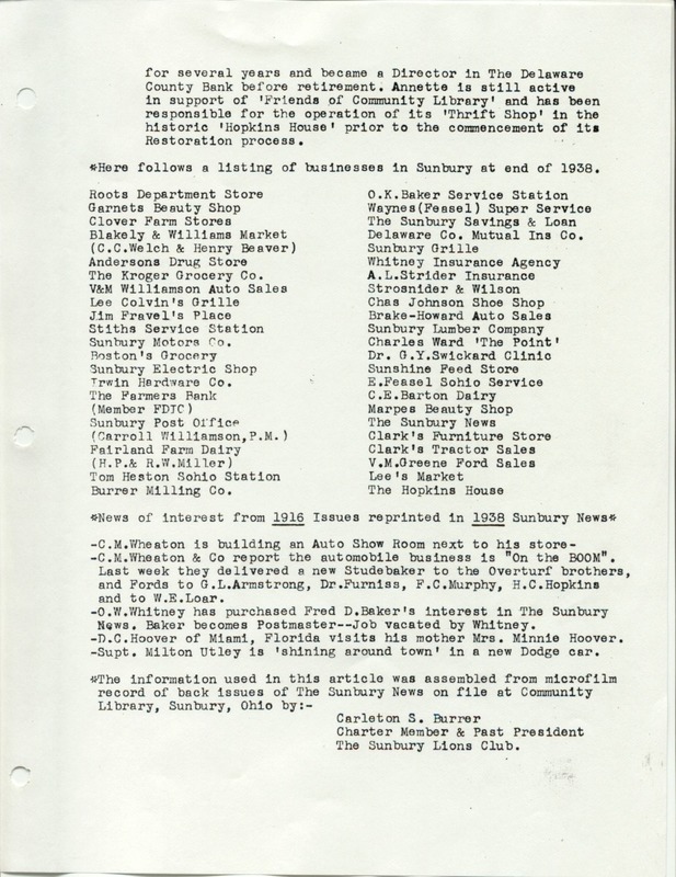 The Sunbury and Galena Communities and how they were in 1938 when Sunbury Lions Club Originated (p. 15)