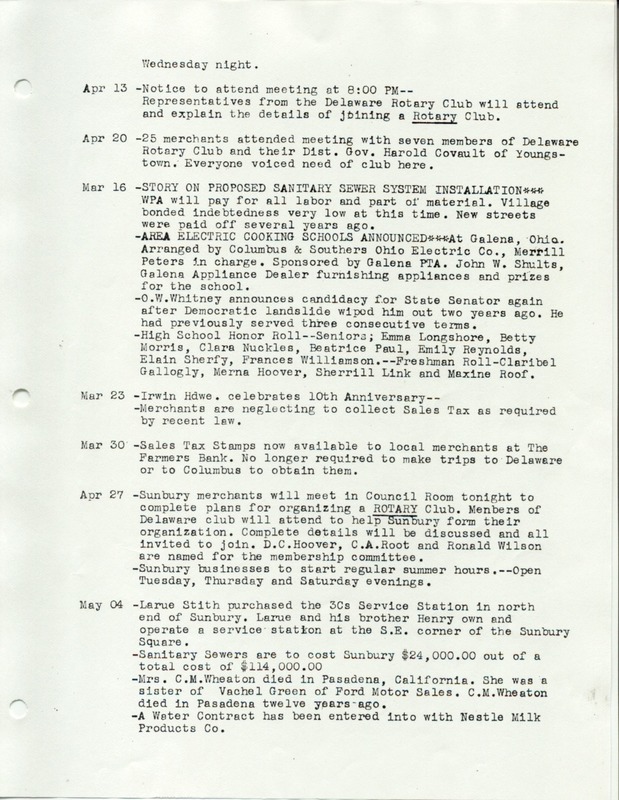 The Sunbury and Galena Communities and how they were in 1938 when Sunbury Lions Club Originated (p. 11)