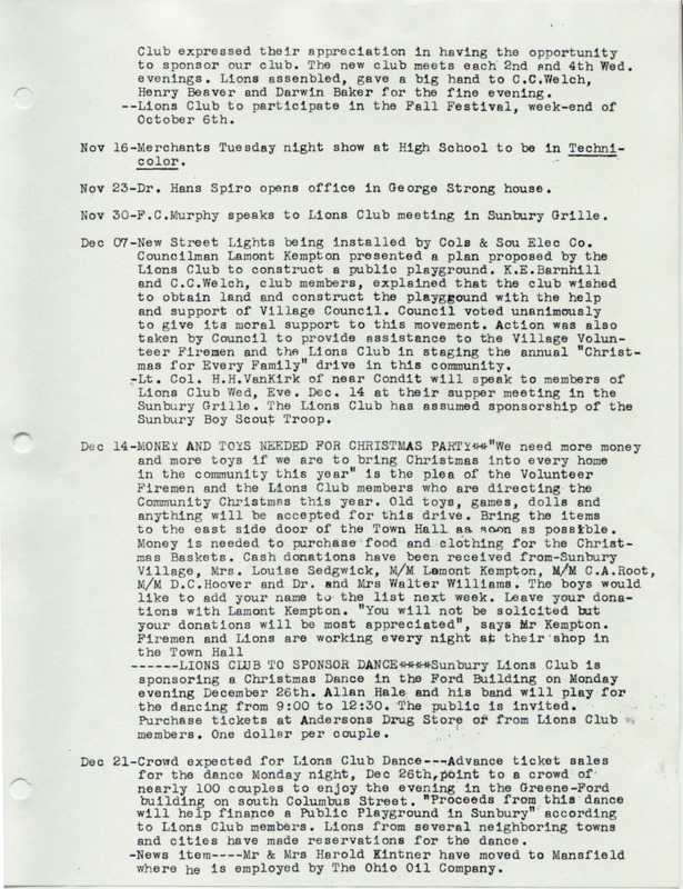 The Sunbury and Galena Communities and how they were in 1938 when Sunbury Lions Club Originated (p. 13)