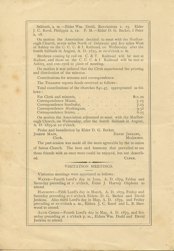 Minutes of the Forty-Sixth Annual Session of the Owl Creek Harmony Regular Baptist Association Begun and Held With Marlborough Church, Delaware County, O. (p. 4)