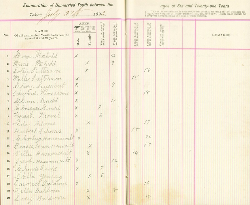 Harlem Township Enumeration of Youth Sub-District 1, July 27th, 1893 (p. 4)