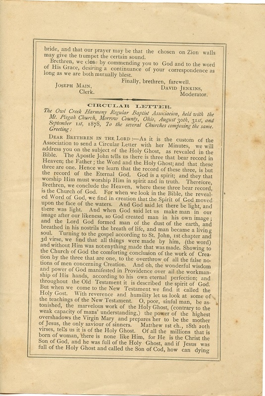 Minutes of the Forty-Sixth Annual Session of the Owl Creek Harmony Regular Baptist Association Begun and Held With Marlborough Church, Delaware County, O. (p. 7)