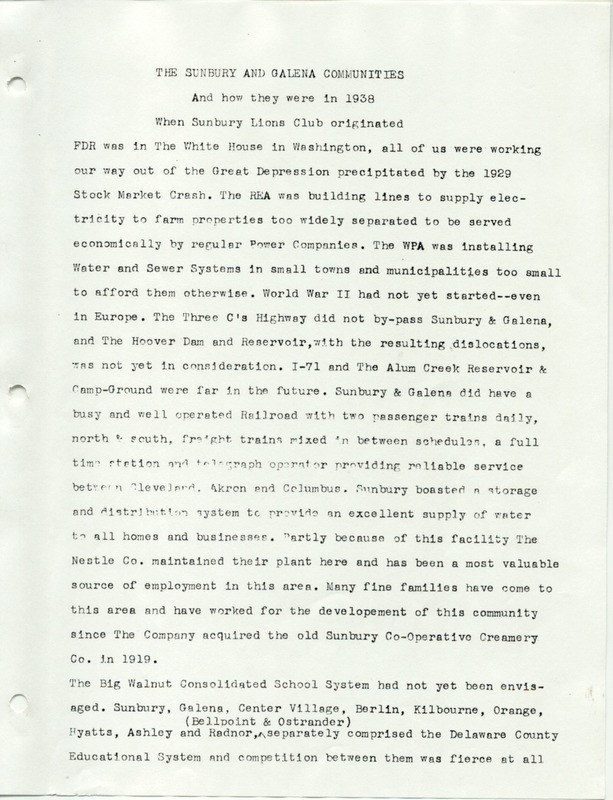 The Sunbury and Galena Communities and how they were in 1938 when Sunbury Lions Club Originated (p. 1)