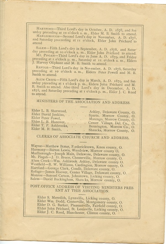 Minutes of the Forty-Sixth Annual Session of the Owl Creek Harmony Regular Baptist Association Begun and Held With Marlborough Church, Delaware County, O. (p. 5)